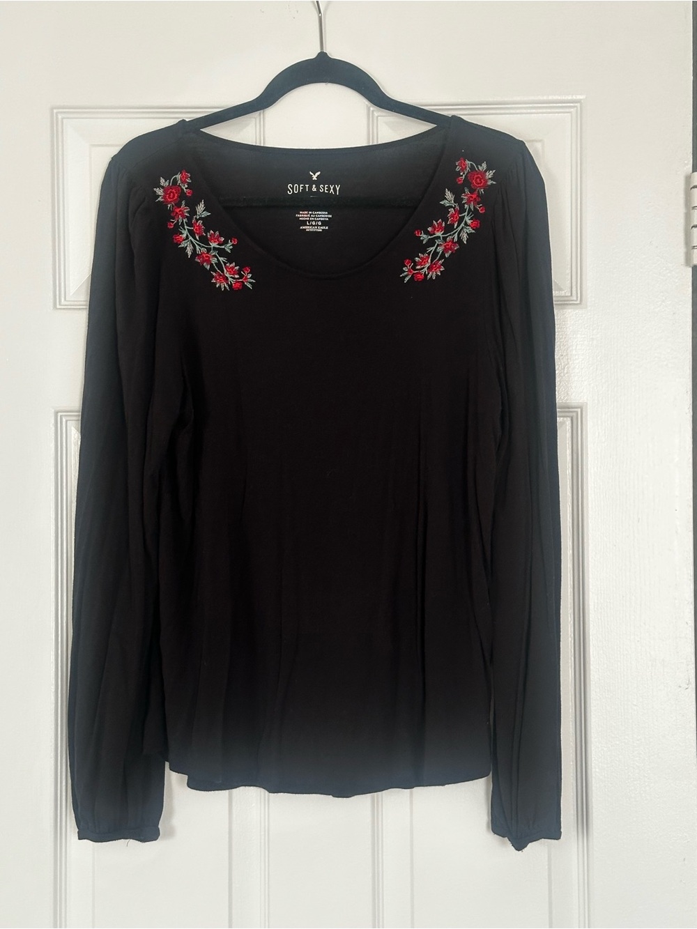 American Eagle Outfitters Black Long-Sleeve Tee with Red Floral Embroidery